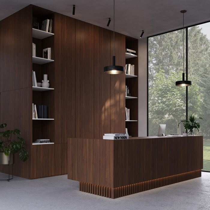 Modern office interior with wooden reception desk and bookshelves.
