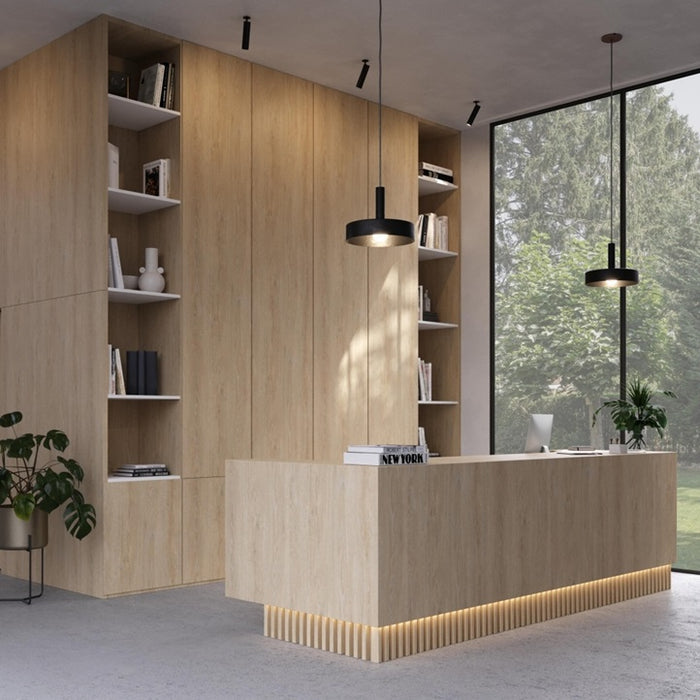 Modern office interior with wooden reception desk and bookshelves.