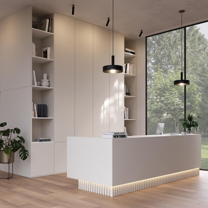 Modern office interior with a white reception desk and bookshelves.