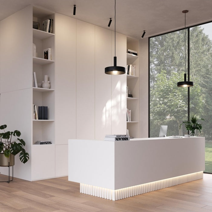 Modern office interior with a white reception desk and bookshelves.