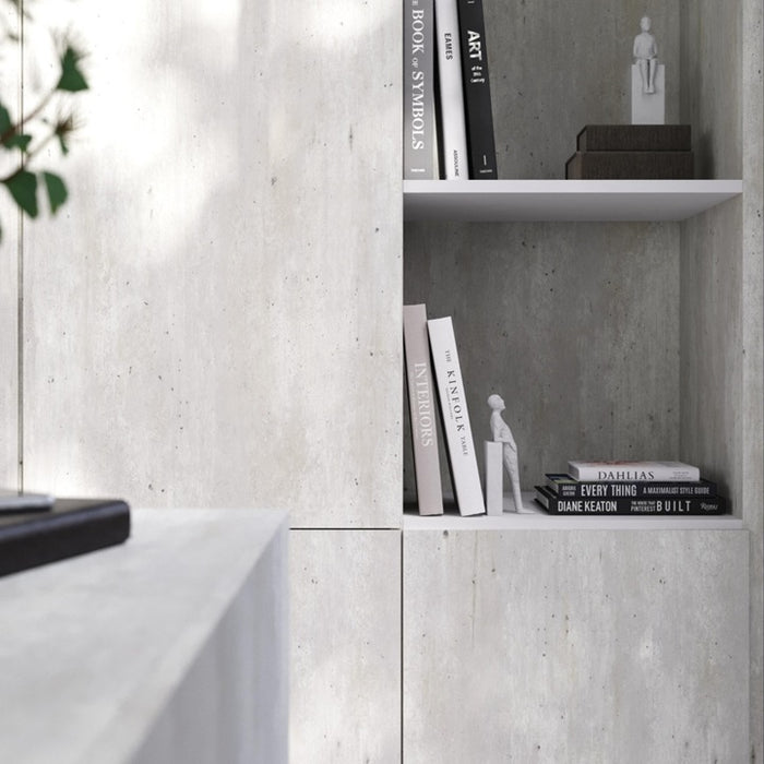 Modern interior with concrete wall and shelves holding books and decor items.