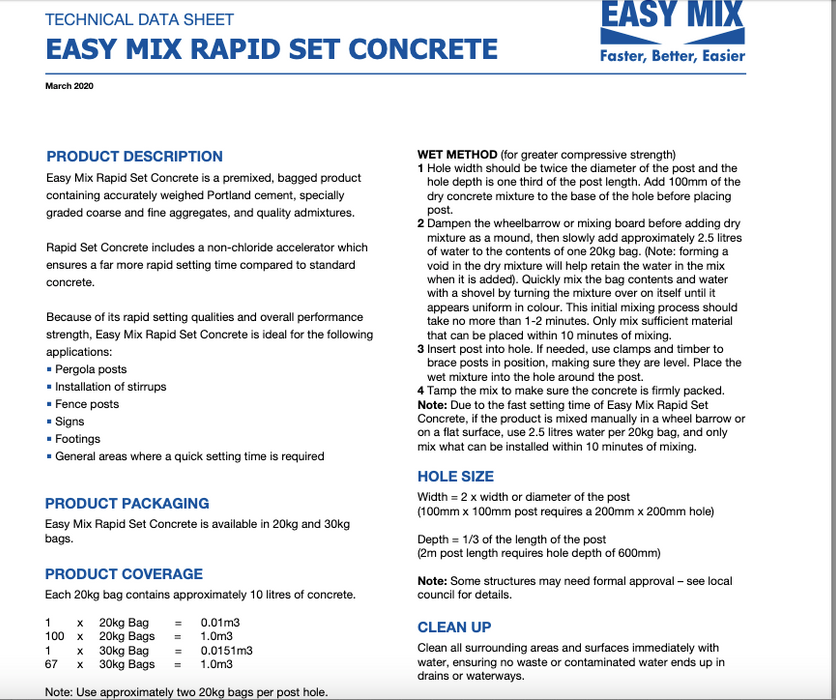 Easy Mix Rapid Set Concrete - 20kg Bag