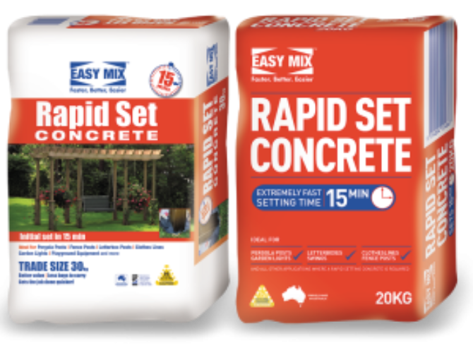 Two bags of Easy Mix Rapid Set Concrete, one white with orange text and one orange with white text, both with a picture of a garden and a swing set.