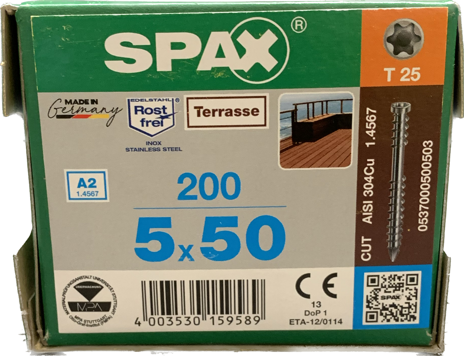 SPAX-Decking 5x50 A2 Stainless Steel 304 German Quality Decking Screws
