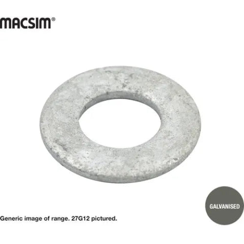 A gray hot dipped galvanized heavy duty washer by MACSIM, with a note that the image is a generic representation of the product range and specifically the 27G12 model is pictured.