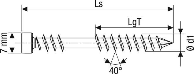 Technical line drawing of a screw with dimension annotations, including Ls, LgT, 7 mm head diameter, and a 40-degree thread angle.