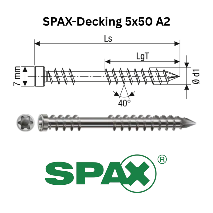 SPAX-Decking 5x50 A2 Stainless Steel 304 German Quality Decking Screws