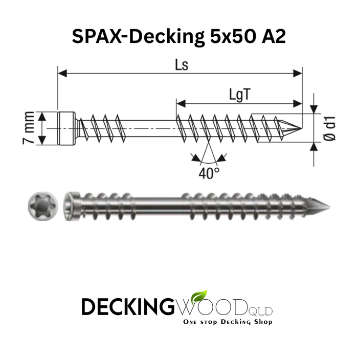 Technical dimension diagram of a SPAX-Decking 5x50 A2 screw, showing front and side views with measurements, plus a clean product rendering of the screw below on a white background. DECKING WOOD QLD logo appears at the bottom.