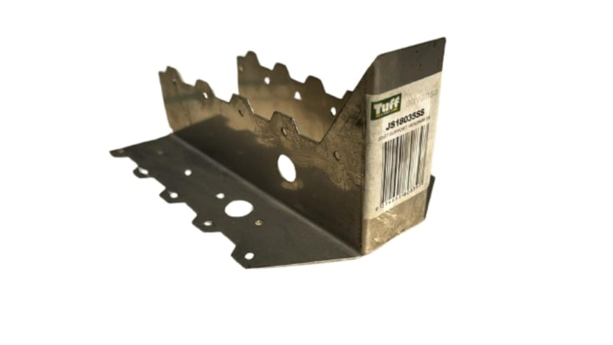 A black stainless steel joist support bracket with visible holes for screws or bolts, with a label indicating the product is from Tuff Timber Connectors.