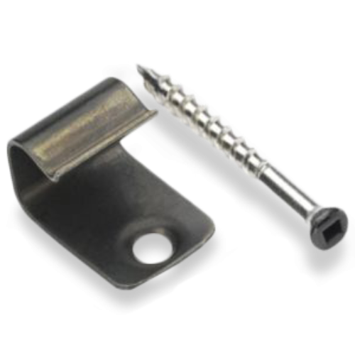 A black stainless steel starter clip and a screw for timber substrate.