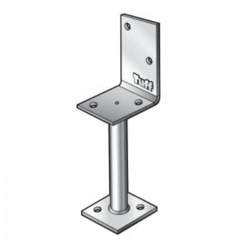 A black and white image showing a metal angle type post support with a 300mm shaft for pergola, carport, or verandah posts.