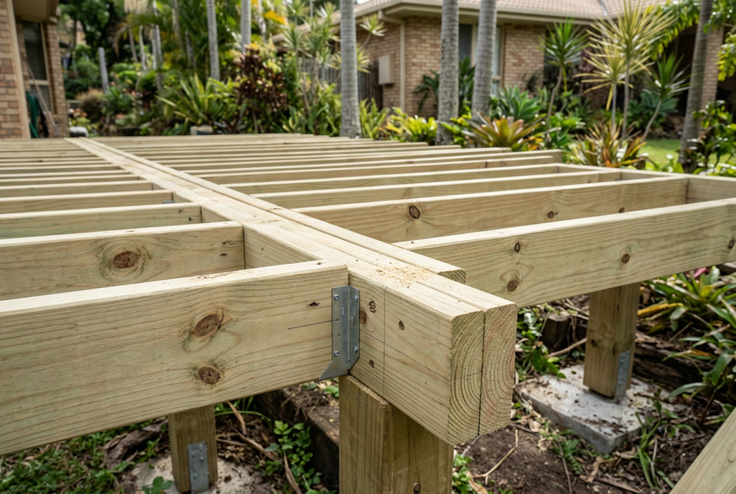 Illustrative pine deck framing